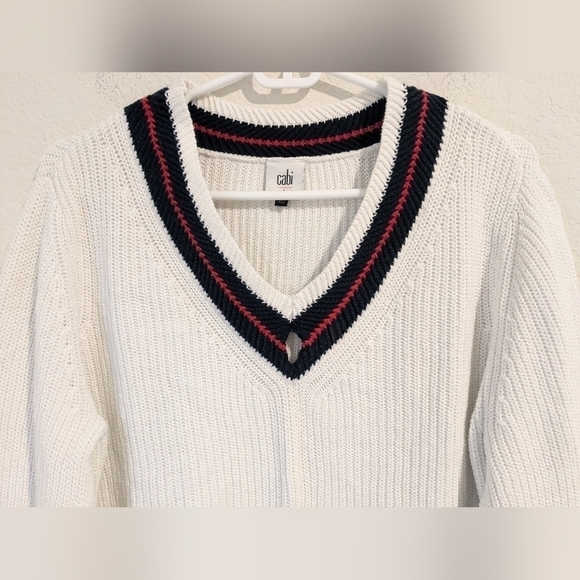 Cabi White Ribbed V-Neck Bell Sleeve Ace Pullover Sweater Preppy Classic - Picture 6 of 12